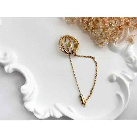 Gold T Spherical Cage w/ Safety Chain Vintage Stick Pin | Hat Pin | Lapel Pin - Picture 3 of 10